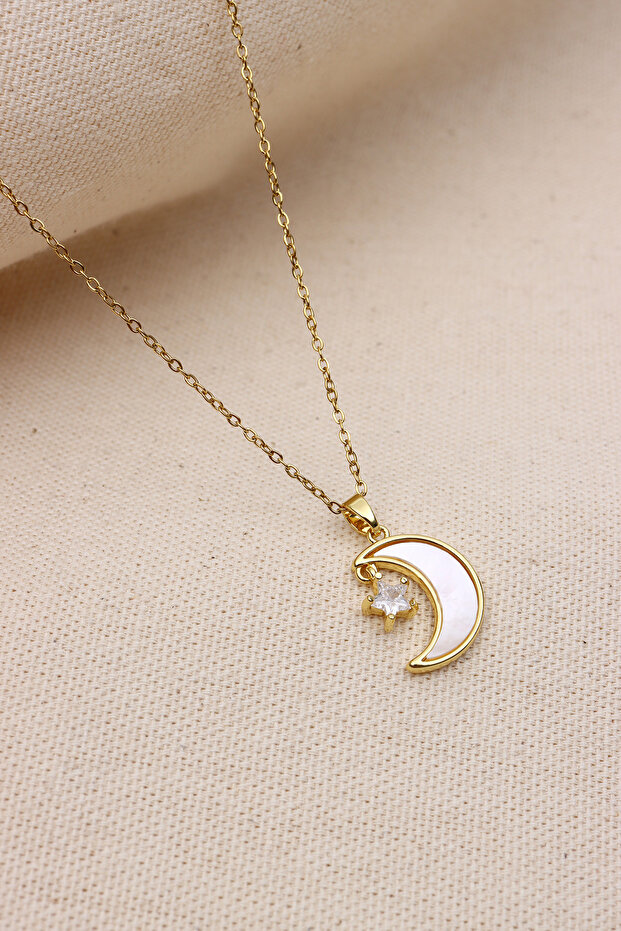 PEARLED MOON FIGURE GOLD STEEL NECKLACE