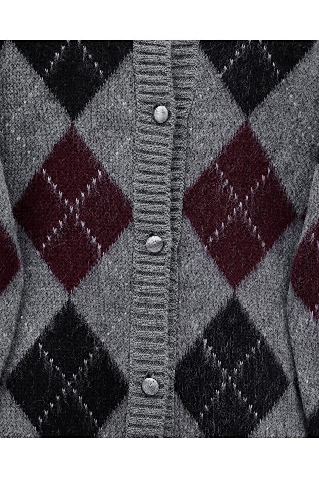كارديجان تريكو مربع منقوش بطبقة مزدوجة بأزرار - مدخن - 5