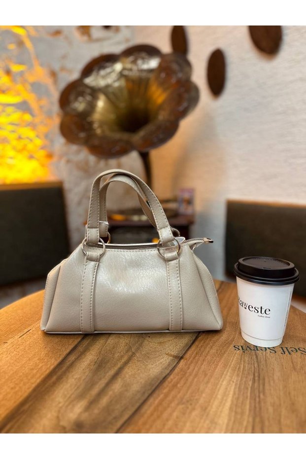 Beige Color Cross Shoulder Strap Soft Faux Leather Ring Detailed Women's Hand and Shoulder Bag