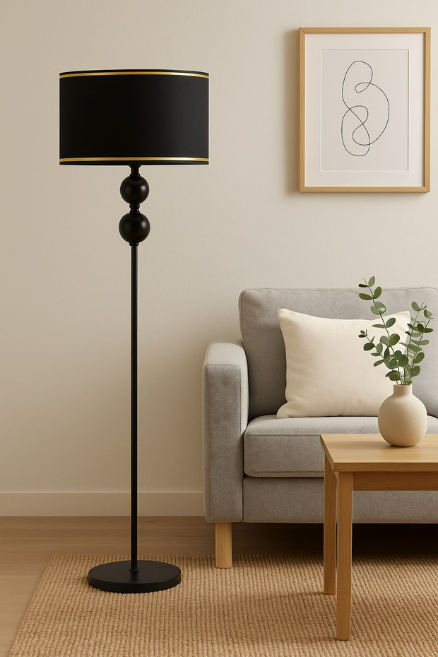 Statik Siyah Kaplama Çift Küre Metal Tek Ayaklı Lambader Siyah-Gold Şeritli - 1