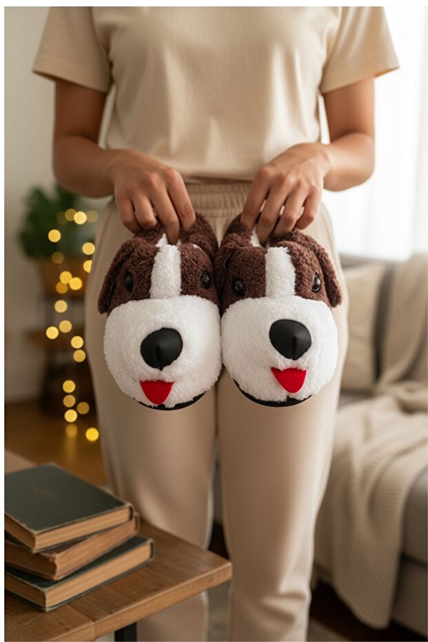 Panduf Hayvan Figürlü Peluş Tüylü Ev Ayakkabısı Yumuşak Taban Ev Botu - 1