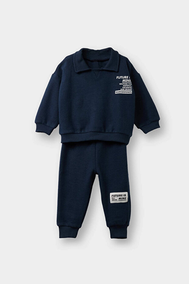 F9437A5Nv71 Navy Blue Baby Boy 2-Piece Set Printed Thessaloniki Fabric Sweatshirt Sweatpants