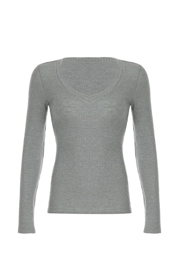 Wide Neck Ribbed Fabric Plain Basic Blouse - 2