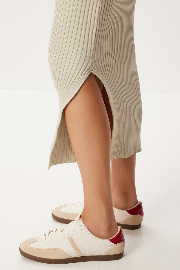 Kalp Yaka Esnek Midi Triko Elbise LDM0011 BEJ - 5