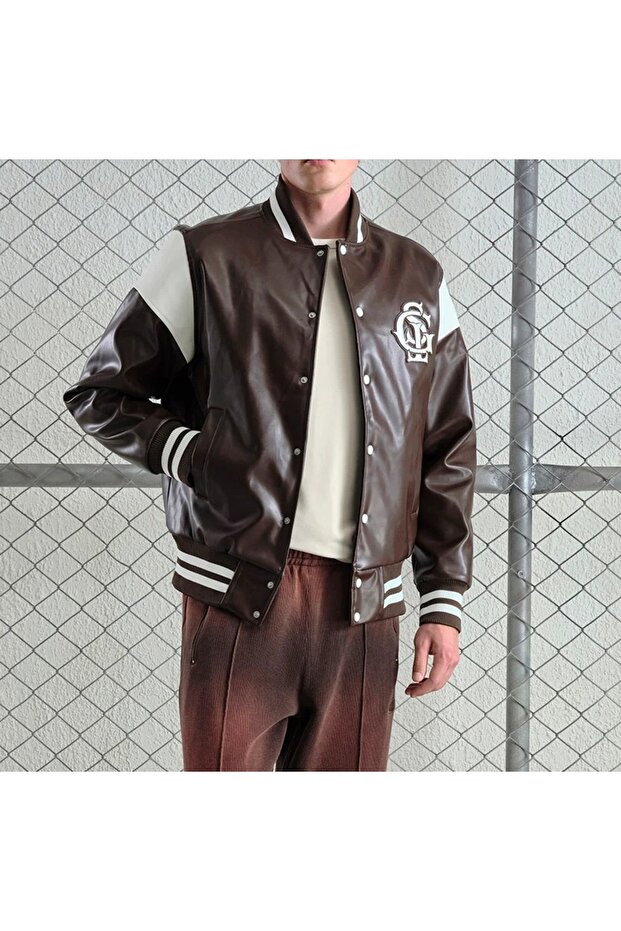 Men's Leather Embossed Logo Pocket College Jacket