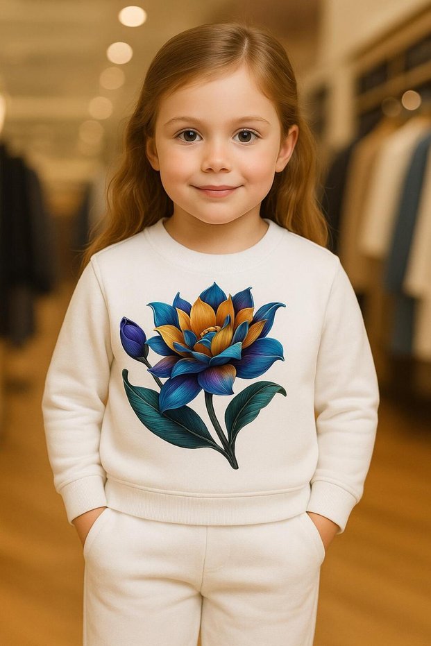 Lotus Flower Patterned Cotton 3-Thread Sha Fleece-Lined Sweatshirt 3-4-5-6-7-8-9-10-11-12 Years
