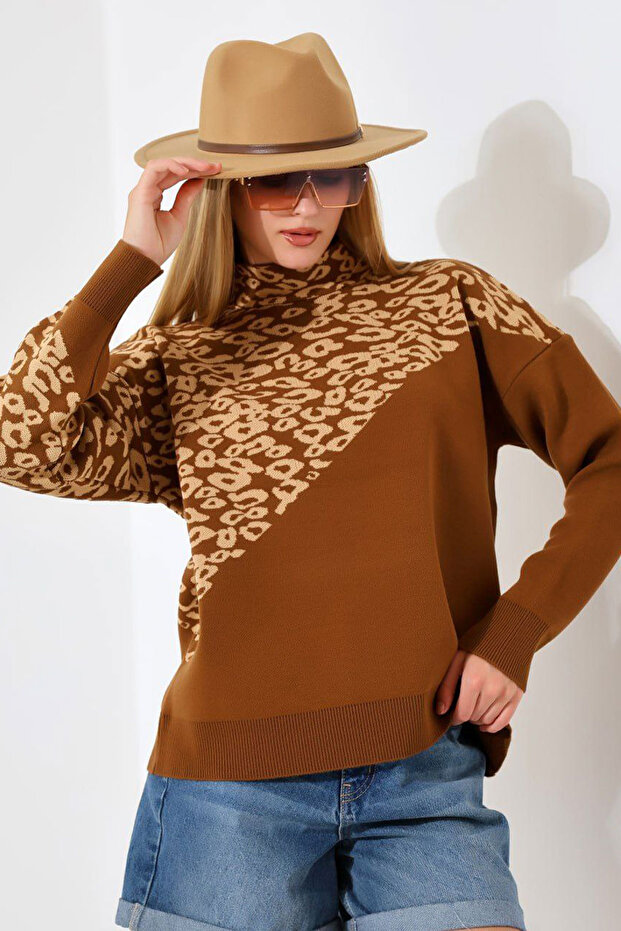 High Collar Leopard Color Block Winter Knit Sweater