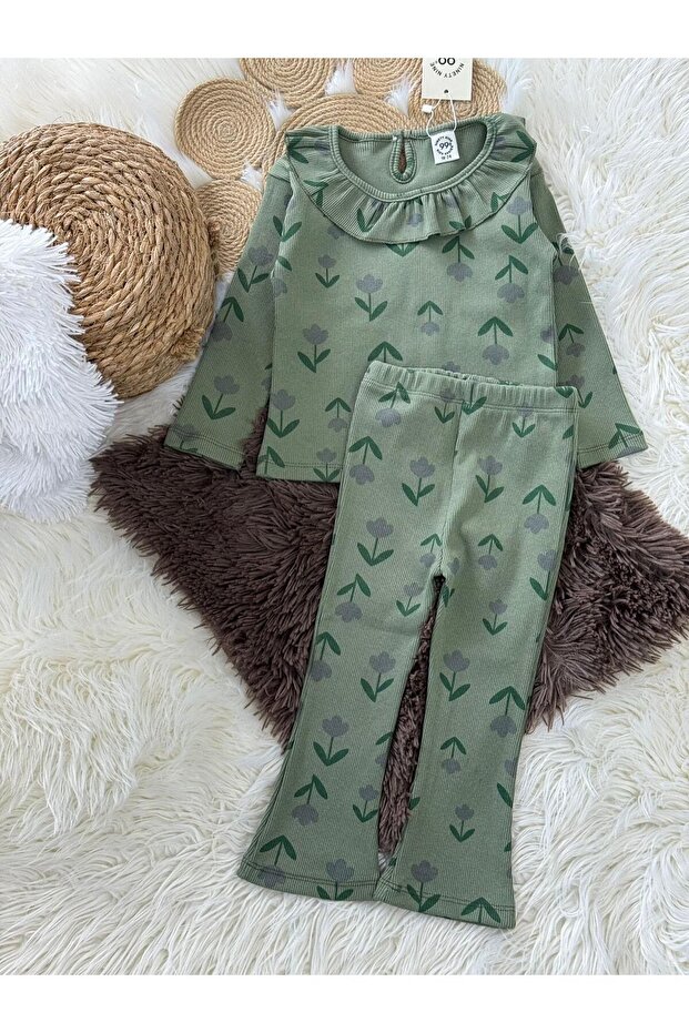 Crew Neck Ruffled Floral Patterned Corded Fabric Fabric Elastic Waist Baby 2-Piece Set