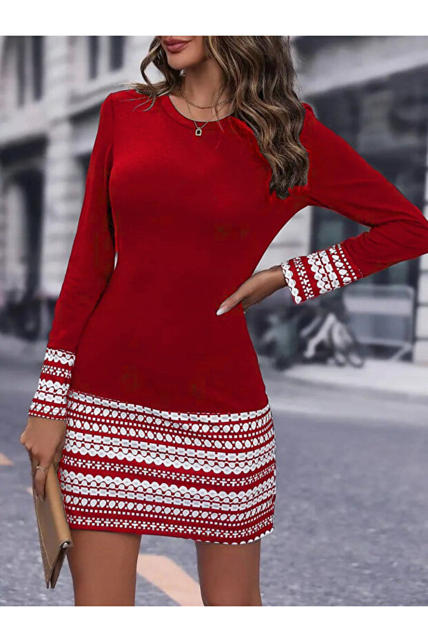 Women's Long Sleeve Crew Neck Printed Two Thread Dress at Cuff and Hem