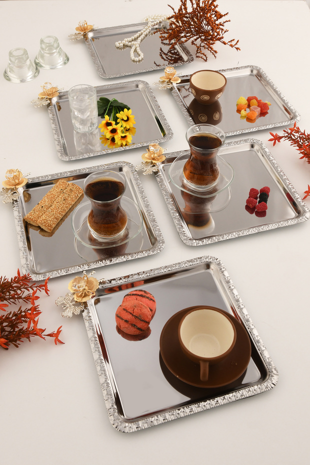 Volis Stainless Steel 6-Piece Patterned Butterfly Crystal Stone Detailed Coffee Serving Tray Silver