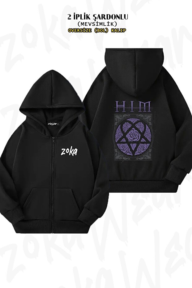 Unisex Roses Him Printed Oversized Back Printed Zippered Hooded Cardigan