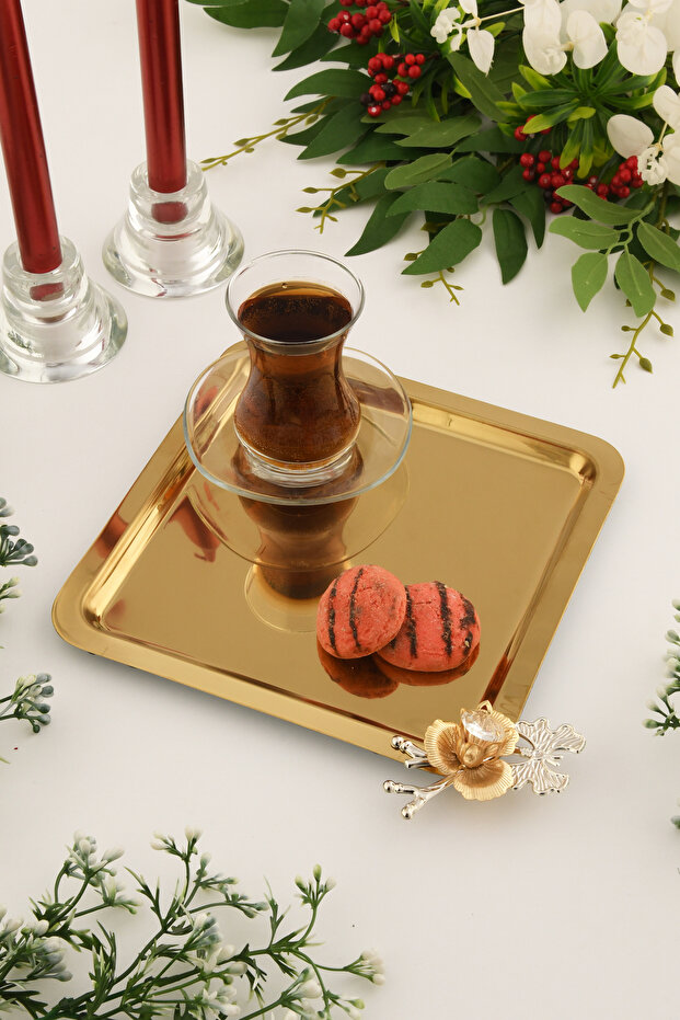 Volis Stainless Steel Patterned Butterfly Crystal Stone Detailed Coffee Serving Presentation Tray Gold