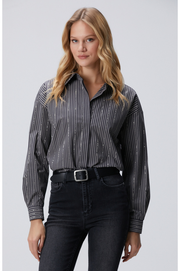 Antrasit Çizgi Desenli Oversize Gömlek - 1
