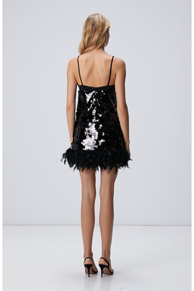 Siyah Payetli Mini Abiye Elbise - 5