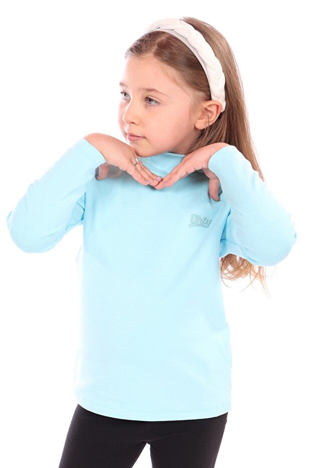 Turquoise Girl's Regular Fit Mock Neck Embroidery Printed Sweatshirt - Ribana