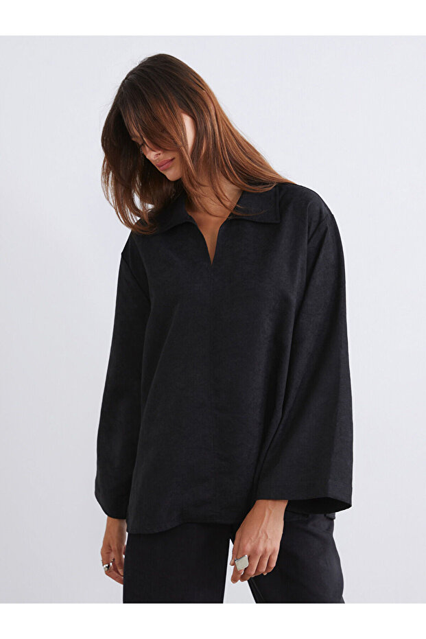 Black Shirt Collar Suede Look Blouse