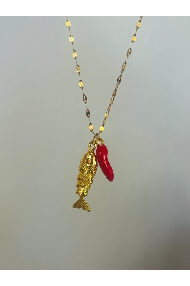 Steel Chain Fish and Horn of Luck Necklace