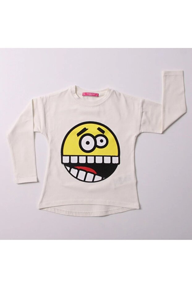 Ecru Girl's Relax Fit Crew Neck Emoji Printed Sweatshirt - 31/1 Combed Cotton