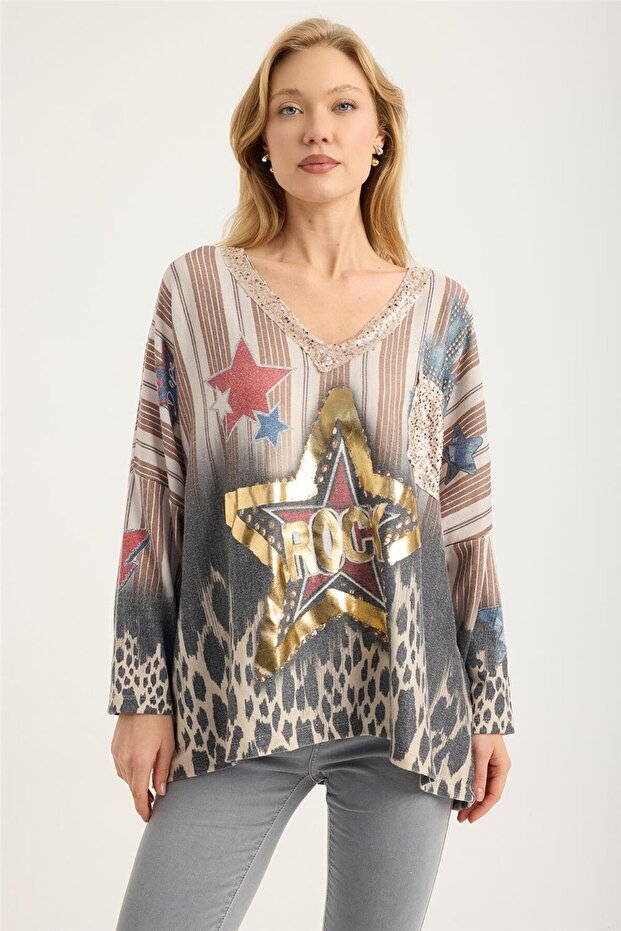 Patterned Starry Foil Blouse - 1