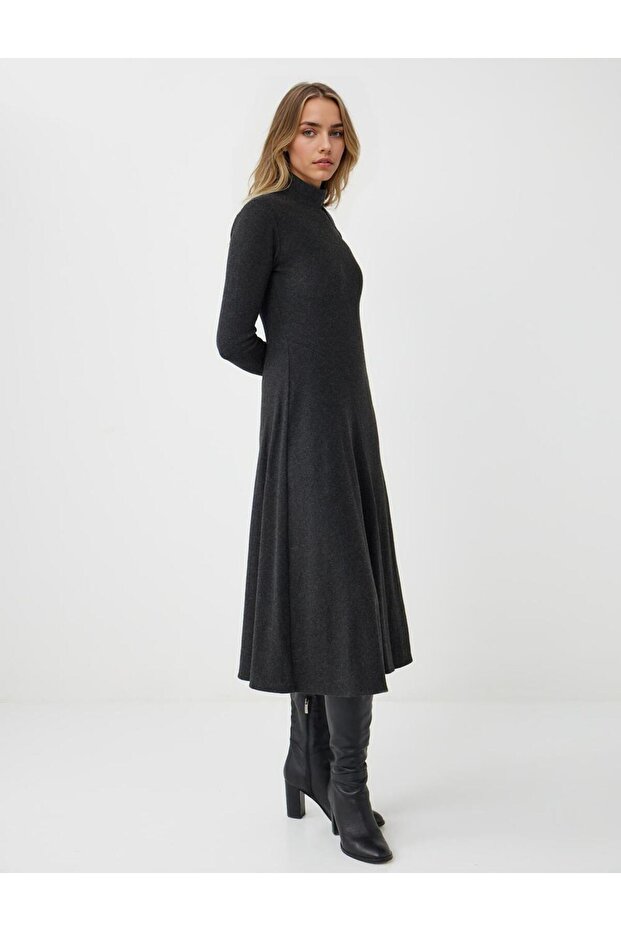 Antrasit Melanj Balıkçı Yaka Yumuşak Dokulu Örme Midi Elbise - 4