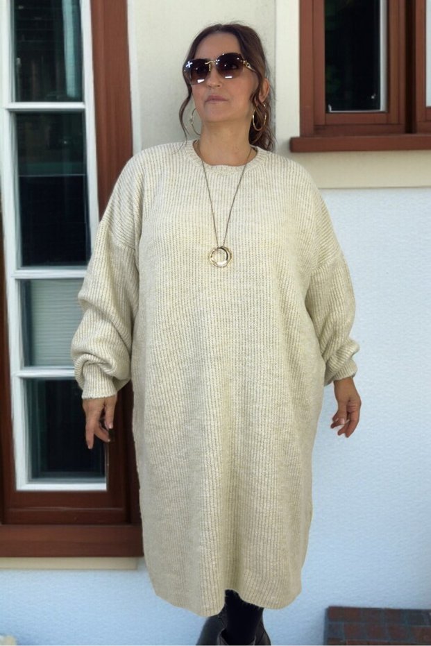Selanik Knitted Balloon Sleeve Large Size Women's Knitwear Sweater Tunic