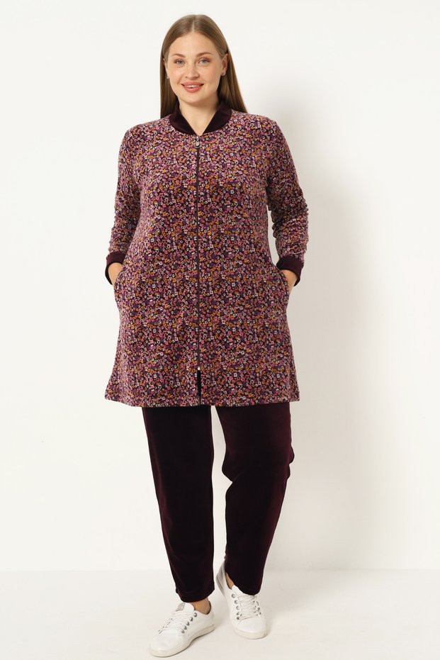 Women's Plus Size Floral Print Cotton Velvet Zipper Pocket Long Sleeve Bottom Top Tracksuit Set
