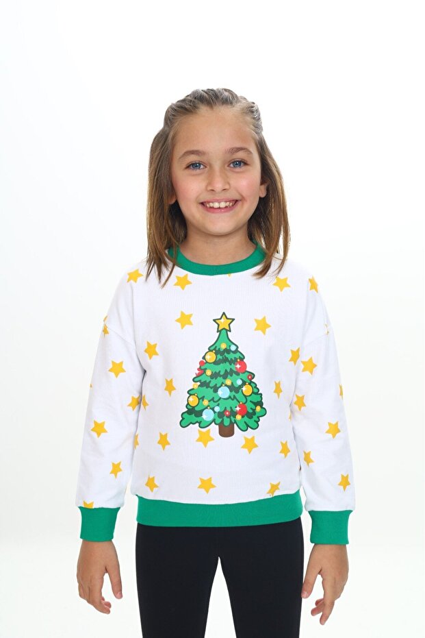 White Girls' Relax Fit Crew Neck Drop Shoulder Printed Sweatshirt - Color Block & 2 Thread
