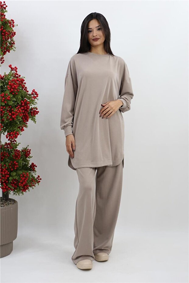 Oversize Basic Pantolonlu Takım - Bej - 2