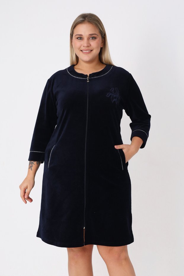 Women's Plus Size Navy Blue Cotton Velvet Zippered Three Quarter Sleeve Dress with Striped Detail Embroidered Pockets