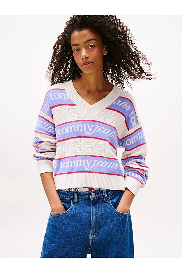 Tjw Striped Logo Women's White Sweater Dw0Dw21682Ybh