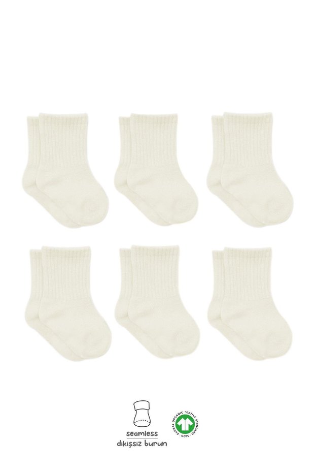 6 Pairs of Organic Cotton Baby Socks Stitch-Free Combed Cotton Socks for Girls and Boys (Ecru)