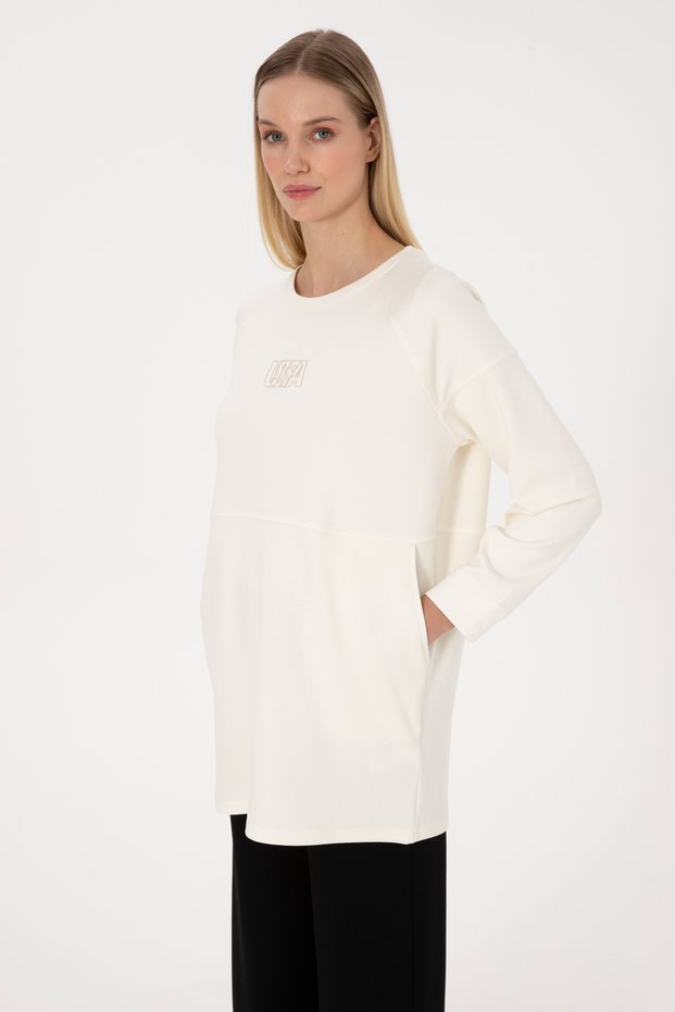 Women's Cream Long Crew Neck Sweatshirt 50315623-Vr256