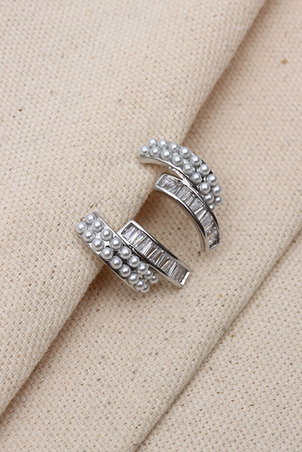 Small Pearl Detailed Trapezoidal Stone Silver Color Earrings