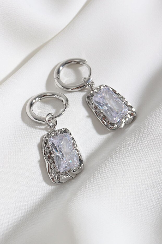 Silver Earrings with Forged Plates and White Stones