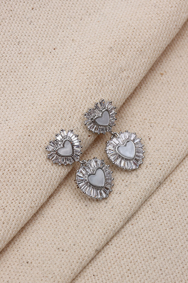 White Pearlescent Heart Figure Trapezoidal Stone Silver Color Earrings