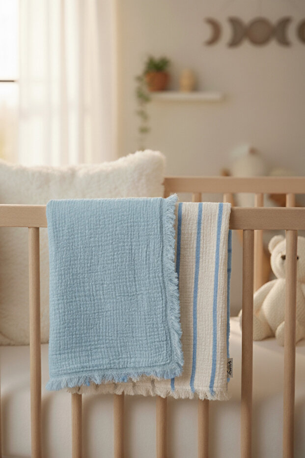 Four Layers Padded Tasseled Organic Muslin Bedspread - Blanket 100X120 cm Natural