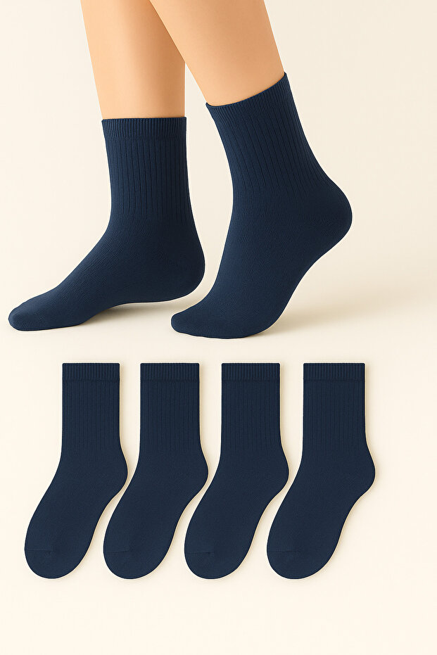 Women's Navy Blue Bamboo Long Socks 4-Piece Seamless Breathable Daily Socks