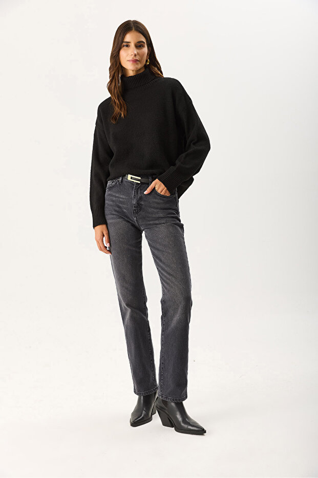 Kadın Dik Yaka Kalın Triko - Siyah - 1