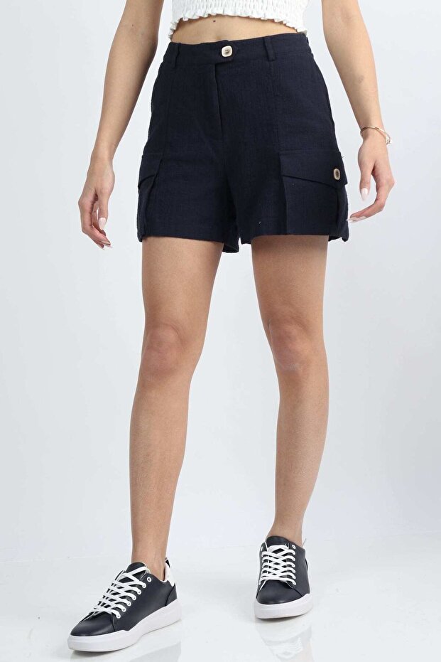 Solid Button-Front Shorts - 1