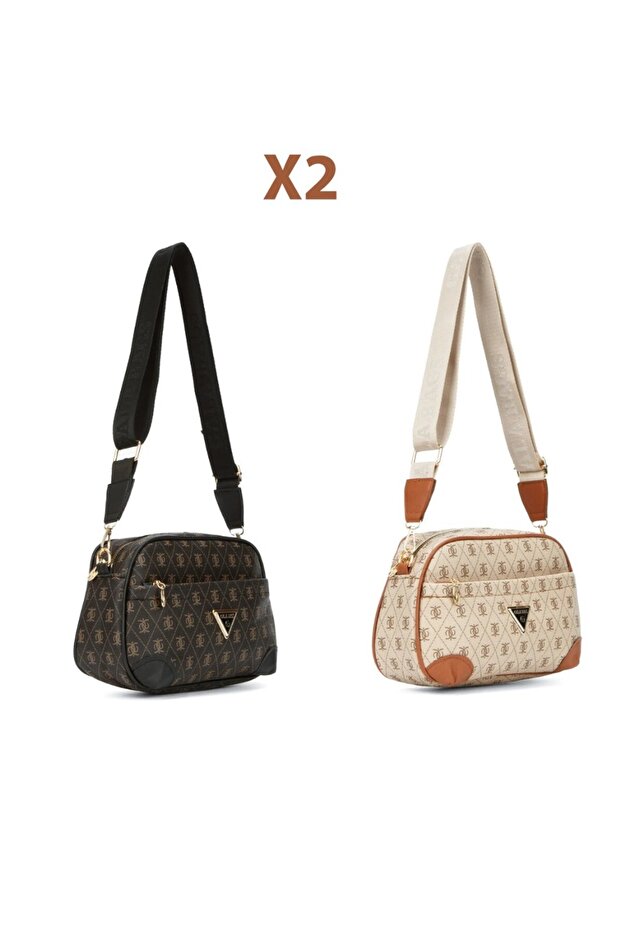 Women's Monogram Patterned Long Strap Crossbody Shoulder Bag 2 Pieces – Brown - Beige Tan