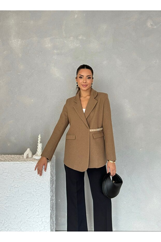 Lined Short Cashmere Leya Jacket with Side Belt Detail