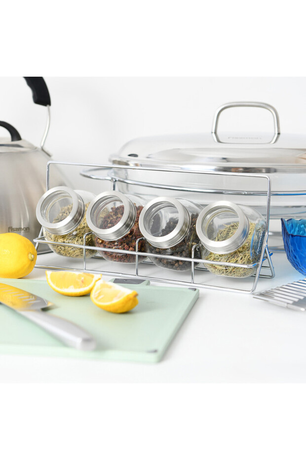 4-Piece Glass Condiment Set 195ml with Rack Organizer