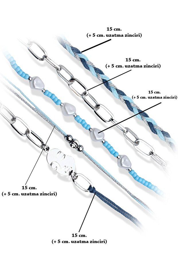مجموعة من خمسة أساور مطرزة باللون الأزرق - 3