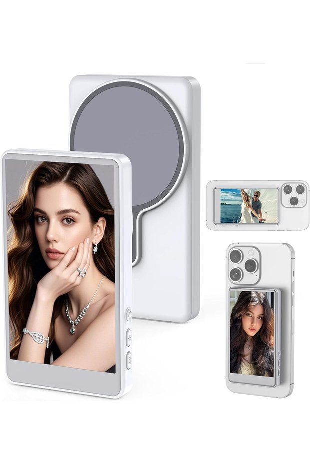 Vlog Selfie Monitor Screen for Phone, Rear Camera for Selfie Vlog Live Stream, Magnetic Mount Wireless Connection with Remote Control Compatible with iPhone (White, 4 inch)