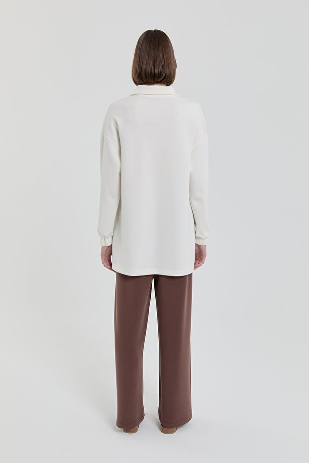 Şeritli Devrik yaka Örme Sweat Ekru - 4