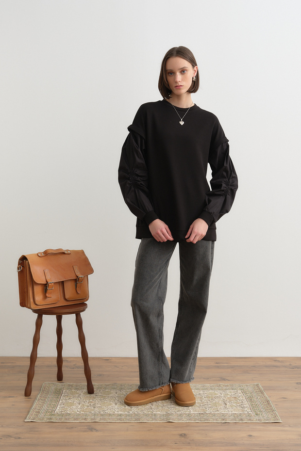 Kolları Poplin Örme Sweat Siyah - 1