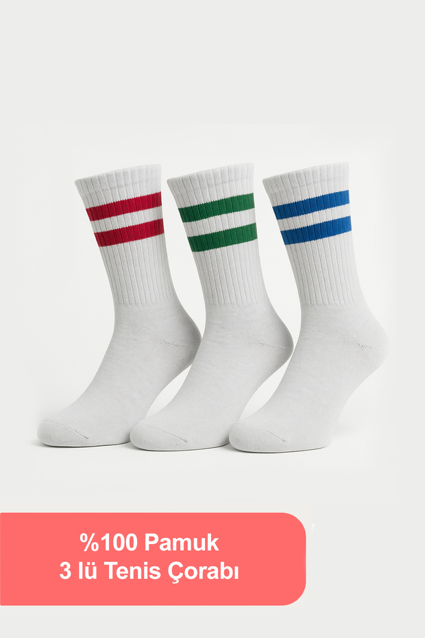 3-Piece Cotton Men's Tennis Socks Set - Striped Patterned Tennis Socks