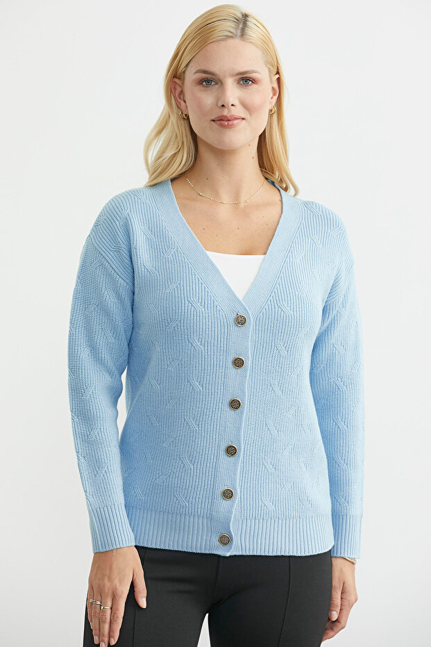 Oversized Knitwear Cardigan with Metal Buttons - Blue