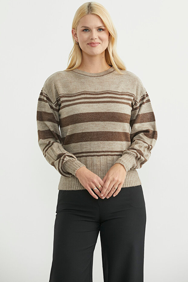 Striped Wool Knit Sweater - Beige