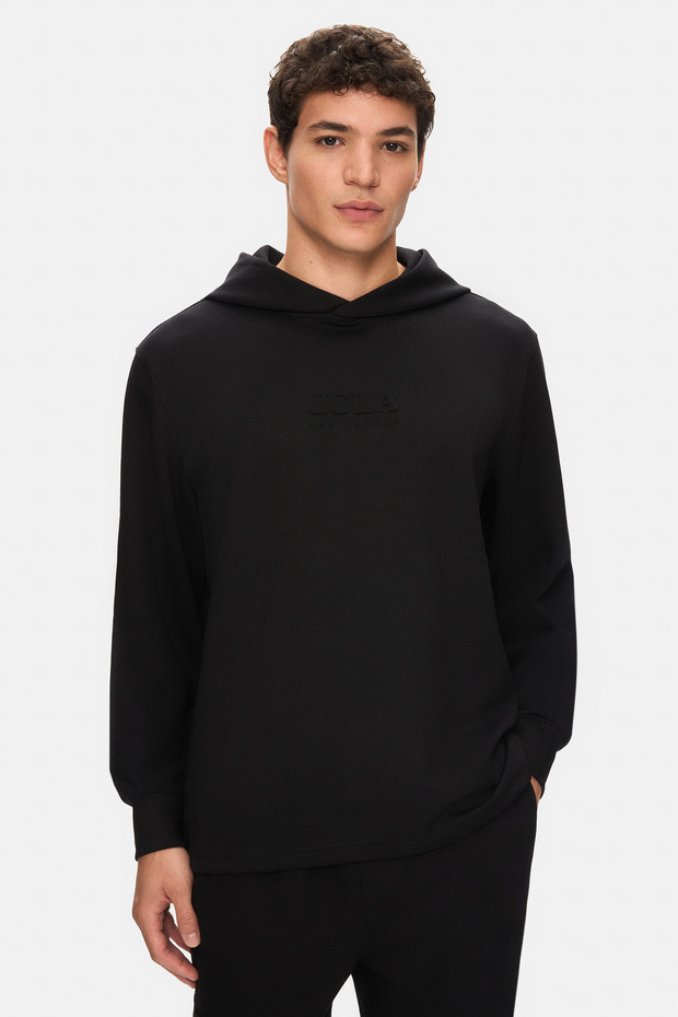 Winfrey Black Hooded Seersucker Printed Soft Textured Modal Fabric Standard Fit Men's Sweatshirt
